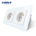 Livolo Padrão DA UE Parede Dupla Francês Tomada com Painel de Vidro Cristal Branco 220 ~ 250 V 16A Tomada De Energia VL-C7C2FR-11